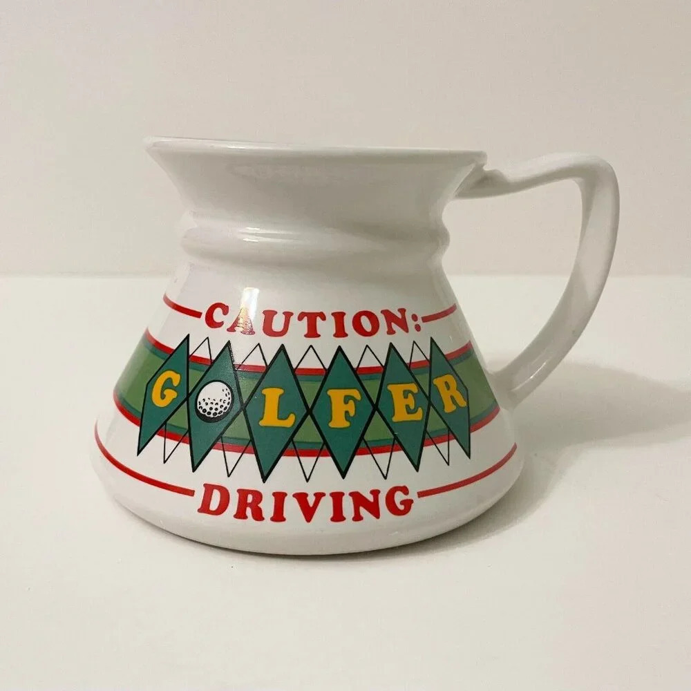 Vintage No Spill Non Slip Wide Bottom Coffee Mug Caution Golfer Driving